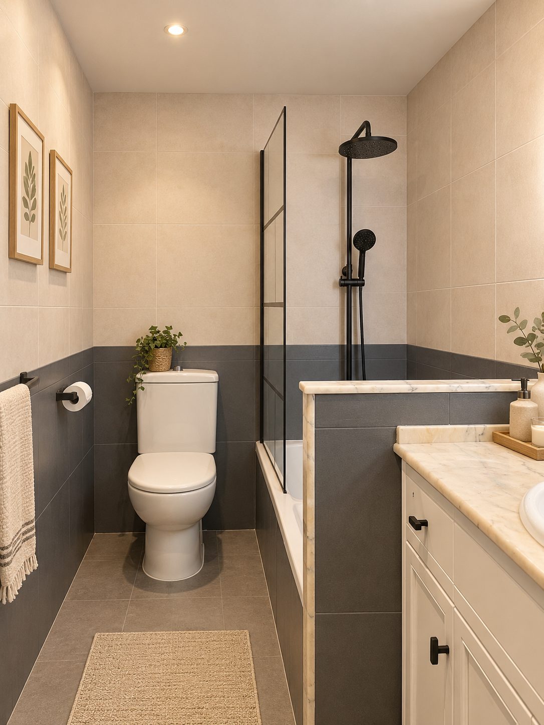 Baño con azulejos pintados en tono grafito